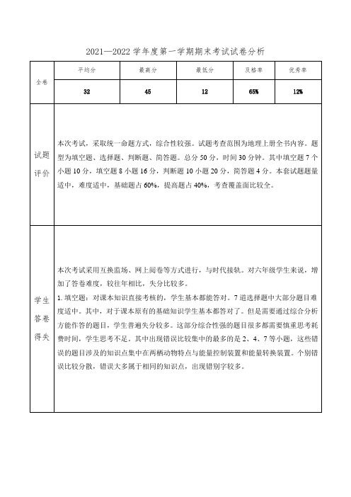 六年级科学2021-2022学年度第一学期期末考试试卷分析