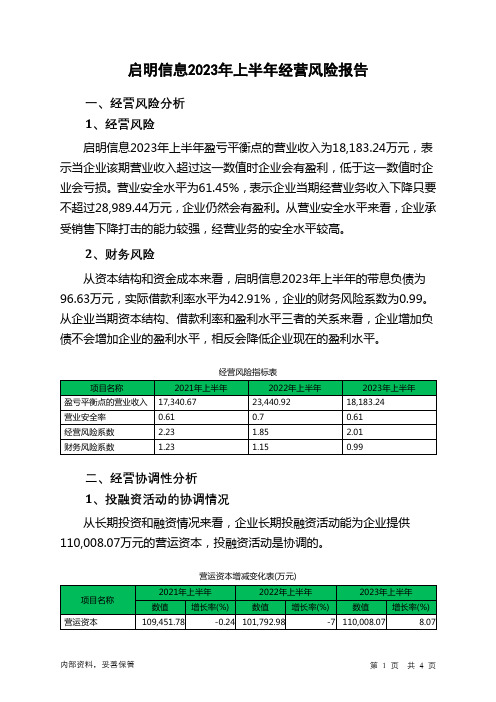 002232启明信息2023年上半年经营风险报告