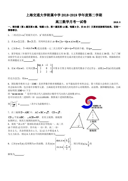 上海交通大学附属中学2019届高三3月月考数学试题(含答案)