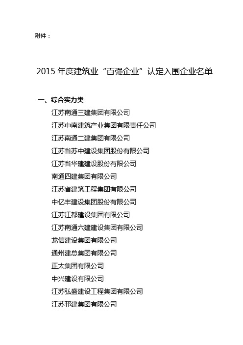 2015年度建筑业“百强企业”认定入围企业名单