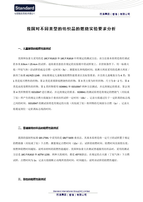 我国对不同类型的纺织品的燃烧实验要求分析