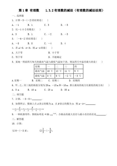 人教版七年级数学上册    1.3.2有理数的减法(有理数的减法法则)  课后练习(含答案)