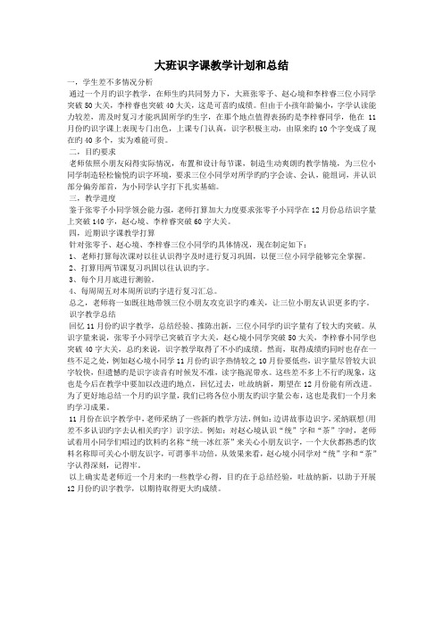 大班识字课教学计划和总结