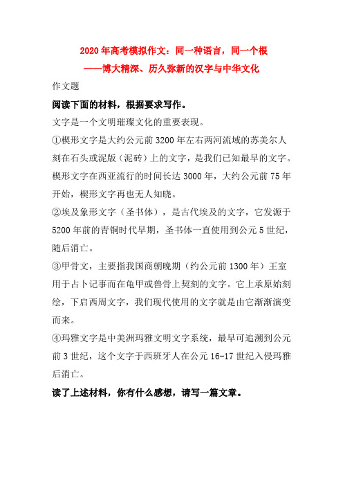 2020年高考模拟作文：同一种语言,同一个根——博大精深、历久弥新的汉字与中华文化