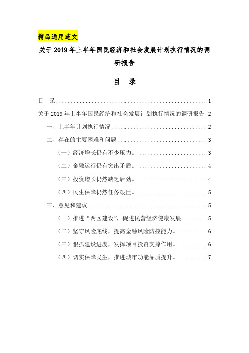 关于2019年上半年国民经济和社会发展计划执行情况的调研报告