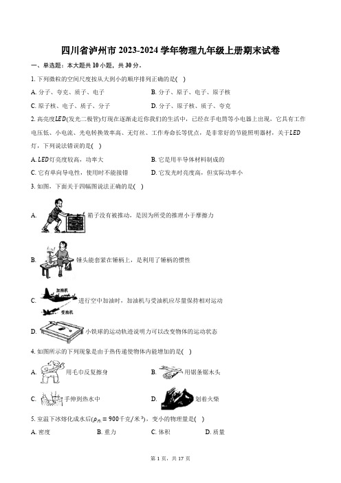 四川省泸州市2023-2024学年物理九年级上册期末试卷(含解析)