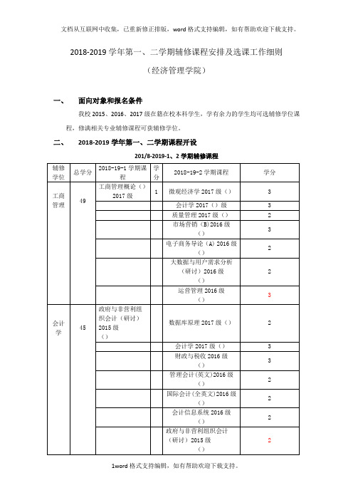 2020学年第一、二学期辅修课程安排及选课工作细则