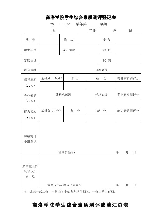 商洛学院学生综合素质测评登记表修