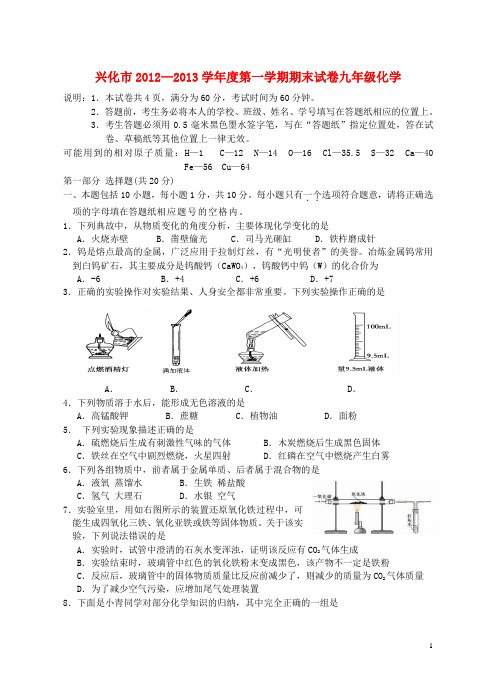 江苏省兴化市学九年级化学第一学期期末考试试卷 沪教