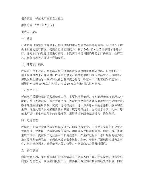 呼延水厂参观实习报告