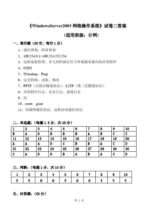 Windows Server 2003网络操作系模拟试卷二答案