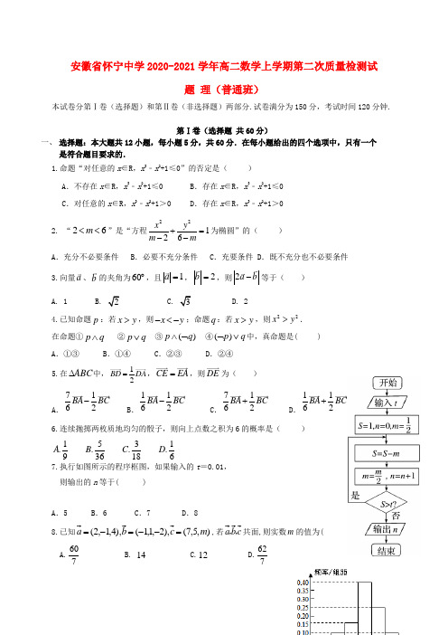 安徽省怀宁中学2020_2021学年高二数学上学期第二次质量检测试题理普通班