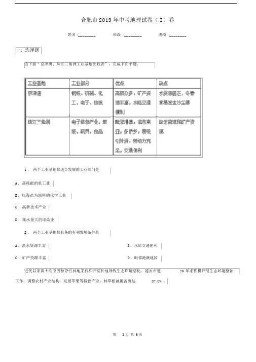 合肥市2019年中考地理试卷(I)卷.docx