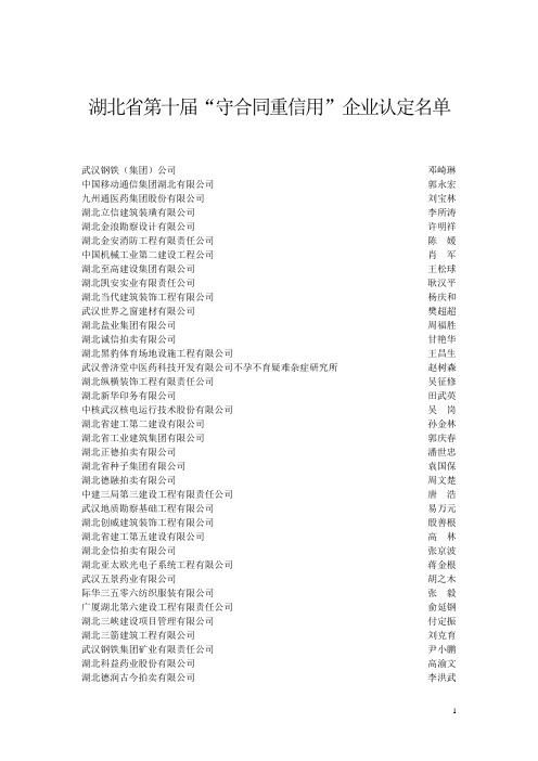 湖北省第十届“守合同重信用”企业认定名单