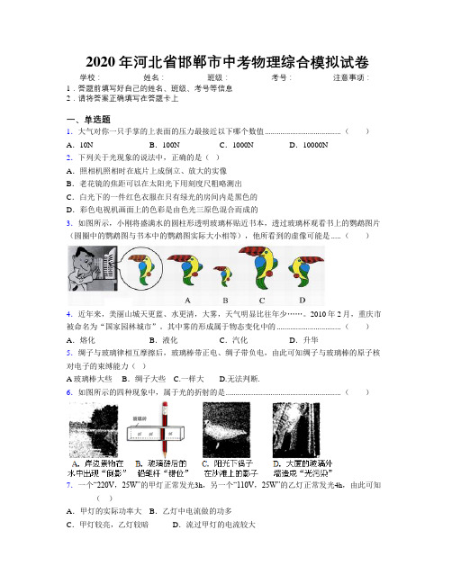 2020年河北省邯郸市中考物理综合模拟试卷附解析