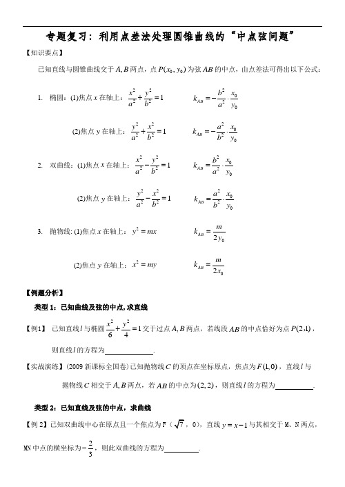 中学数学利用点差法处理圆锥曲线的“中点弦问题”