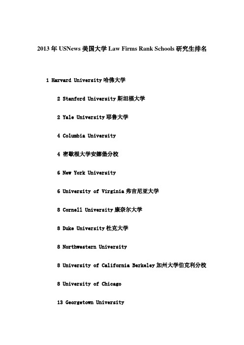 2013年USNews美国大学Law Firms Rank Schools研究生排名