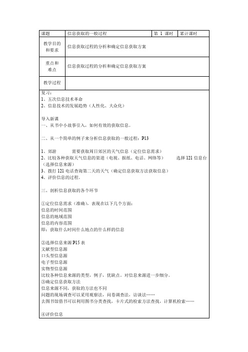 教科版高中信息技术必修1第二章第一节《信息获取的一般过程》教案