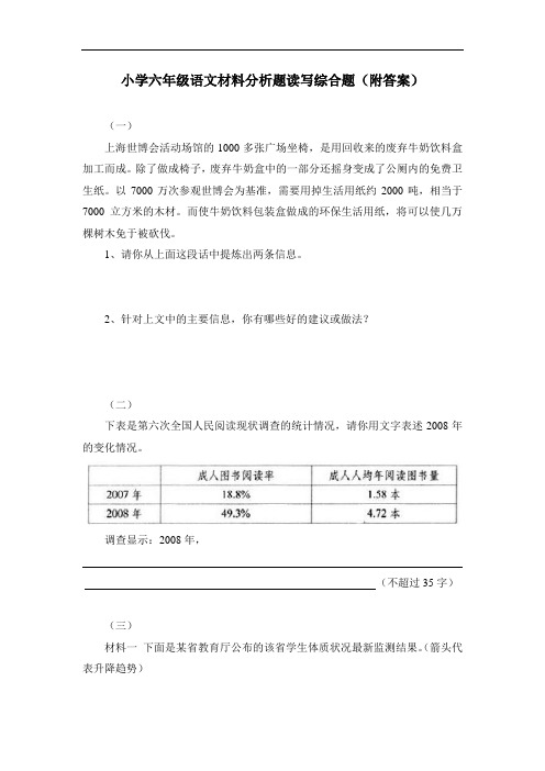 小学六年级语文材料分析题读写综合题