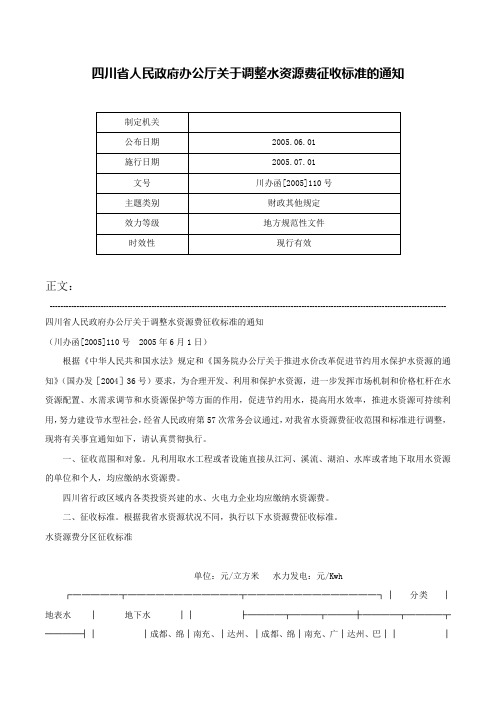 四川省人民政府办公厅关于调整水资源费征收标准的通知-川办函[2005]110号