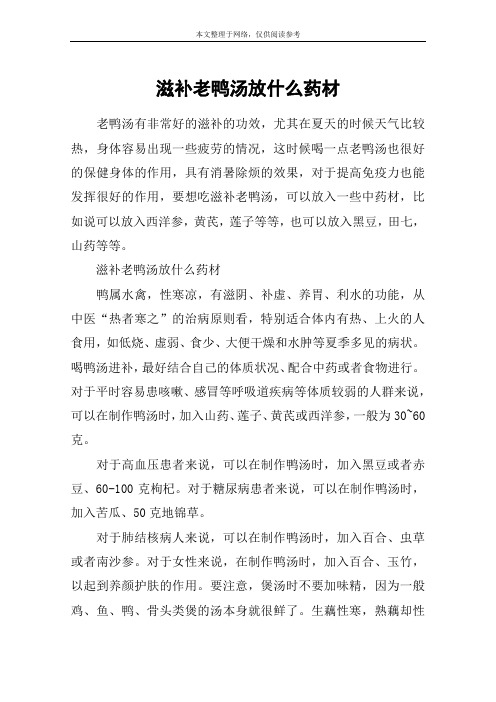 滋补老鸭汤放什么药材