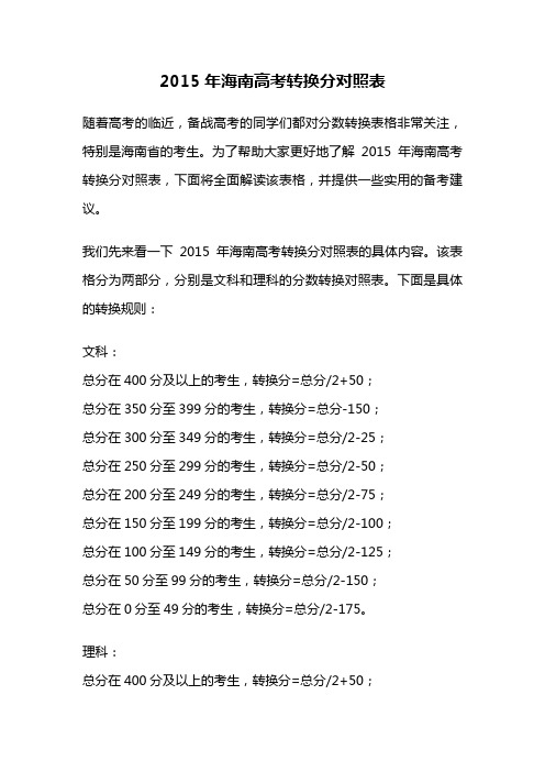 2015年海南高考转换分对照表