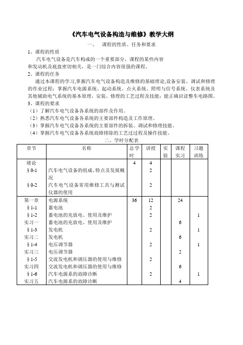 汽车电气设备构造修理教学大纲汇总