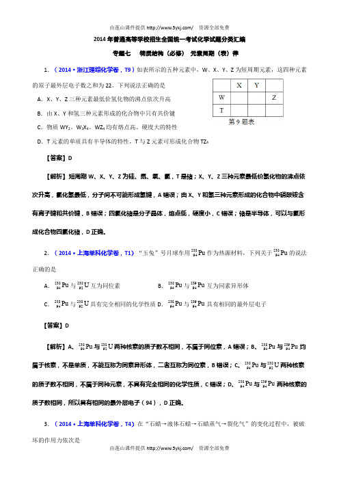 2014年高考化学试题汇编 07物质结构 元素周期律