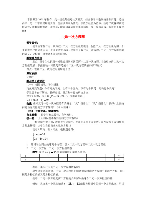 优质课《二元一次方程组》精品教案 (省一等奖)