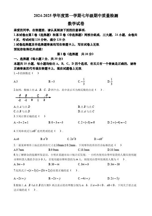 湖北省武汉市江夏区、黄陂区、蔡甸区2024-2025学年七年级上学期11月期中数学试题(含答案)