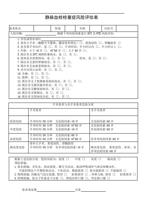 静脉血栓栓塞症风险评估表