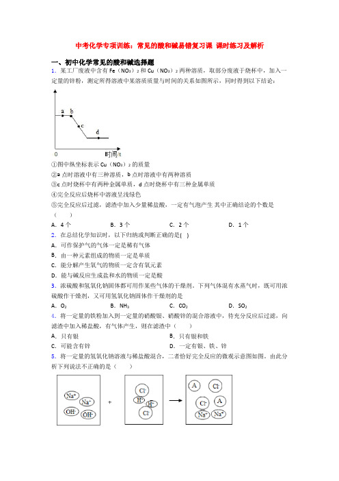 中考化学专项训练：常见的酸和碱易错复习课 课时练习及解析