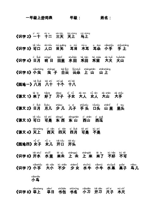 人教部编版-一年级上-词语表