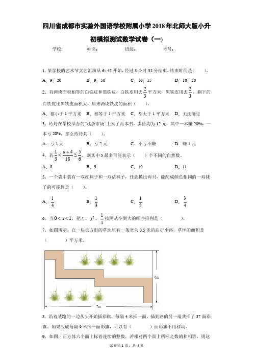 四川省成都市实验外国语学校附属小学2018年北师大版小升初模拟测试数学试卷(一)