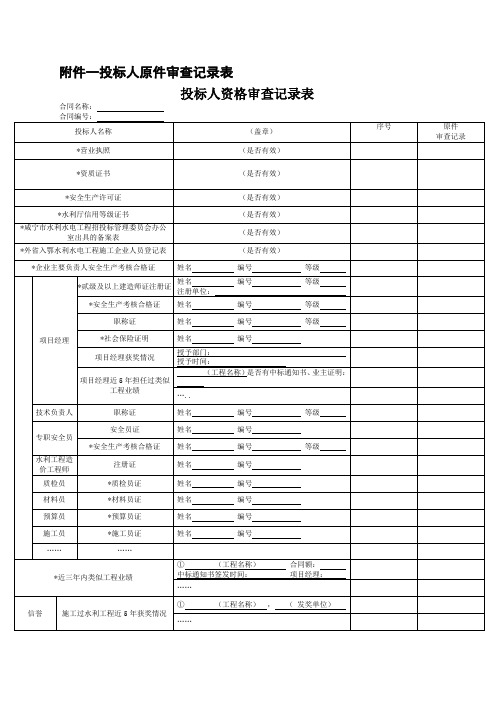 投标人资格审查记录表投标人资格审查记录表