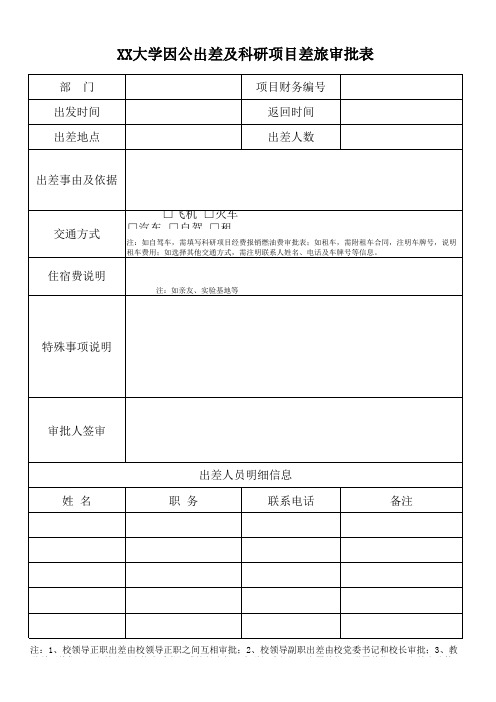 XX大学因公出差及科研项目差旅审批表