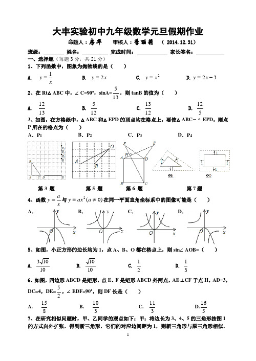 大丰实验初中9年级数学2015年元旦第18周假期作业