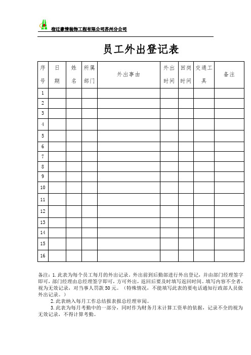 装饰公司公司员工外出登记表