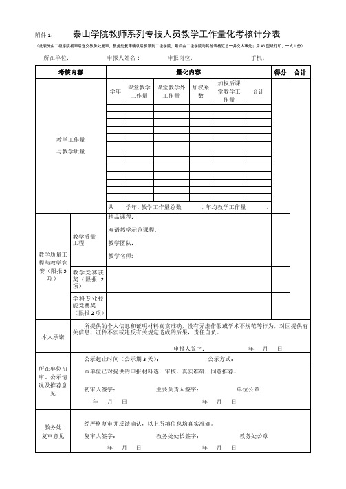 1泰山学院教师系列专技人员教学工作量化考核计分表