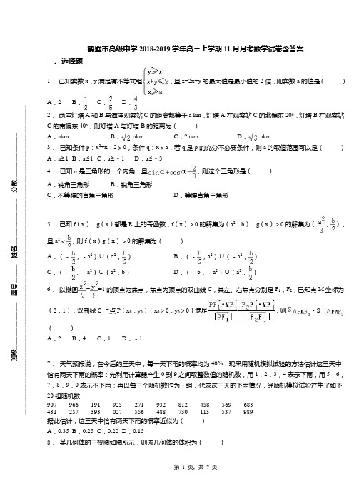 鹤壁市高级中学2018-2019学年高三上学期11月月考数学试卷含答案