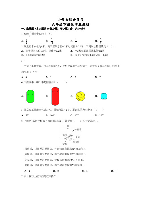 小升初综合复习(试题) 六年级下册数学冀教版