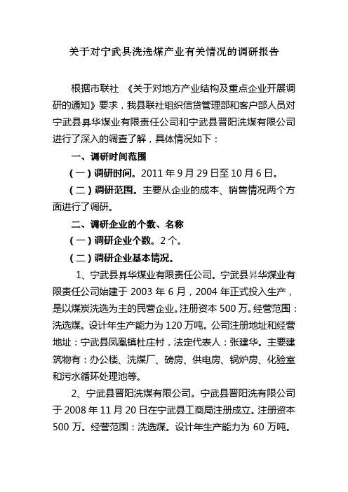 关于对宁武县洗选煤产业情况的调研报告