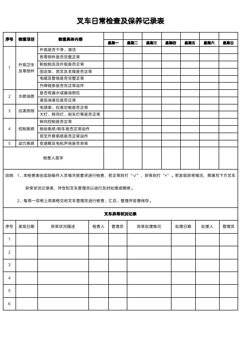 叉车日常检查及保养记录表模板