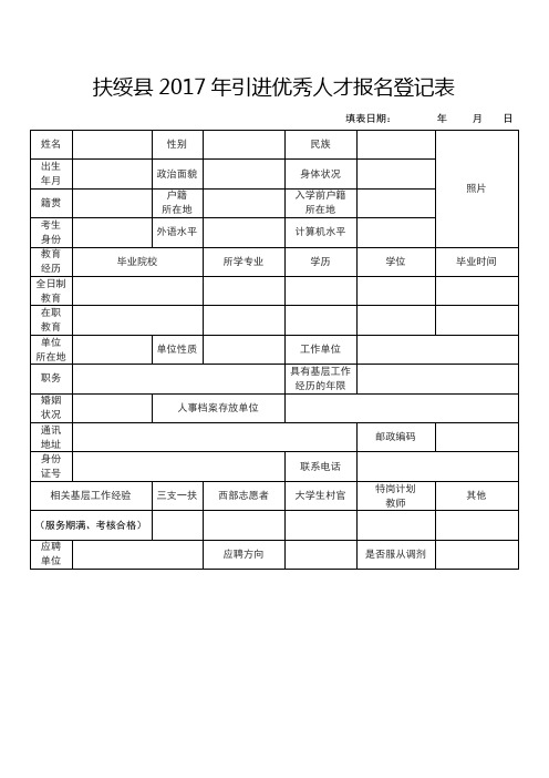 扶绥县2017年引进优秀人才报名登记表