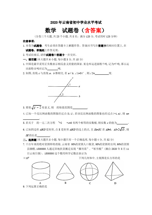 2020年云南省中考数学试题(含答案)