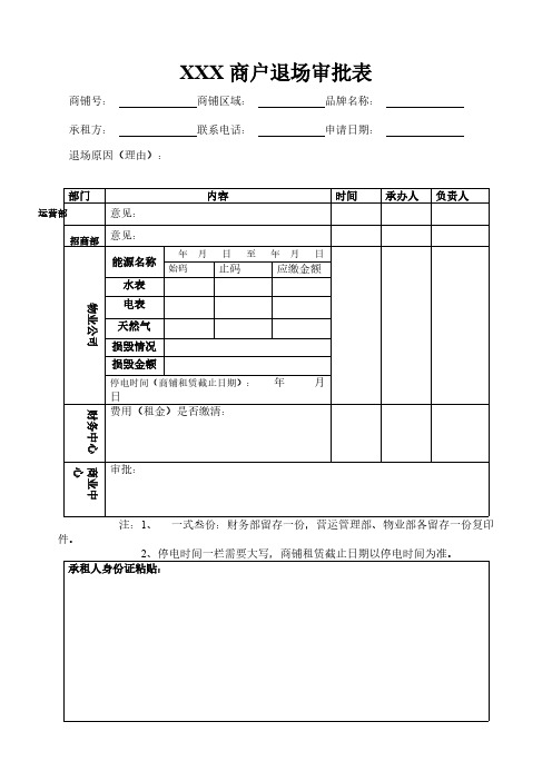 购物中心、商场商户退场审批表