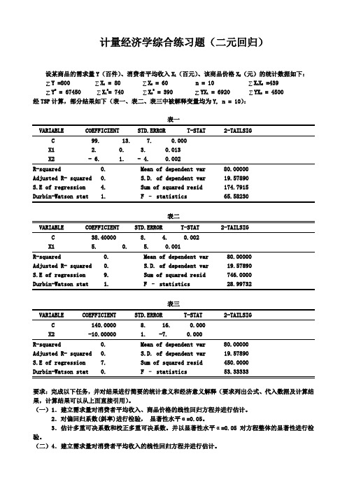 《计量经济学》二元线性回归综合练习题例题