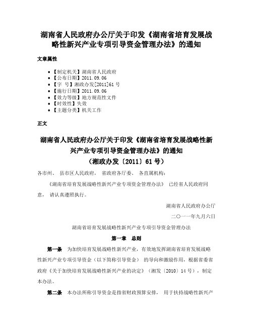 湖南省人民政府办公厅关于印发《湖南省培育发展战略性新兴产业专项引导资金管理办法》的通知