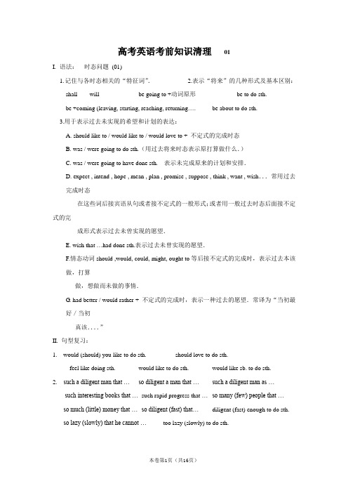 2009年全国高考英语考前知识清理语法词汇句型