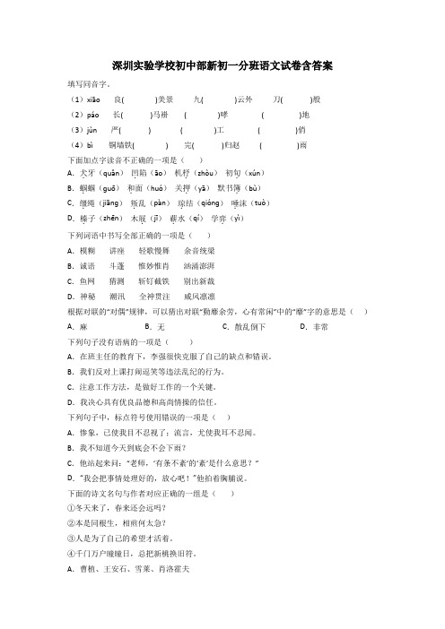 深圳实验学校初中部新初一分班语文试卷含答案